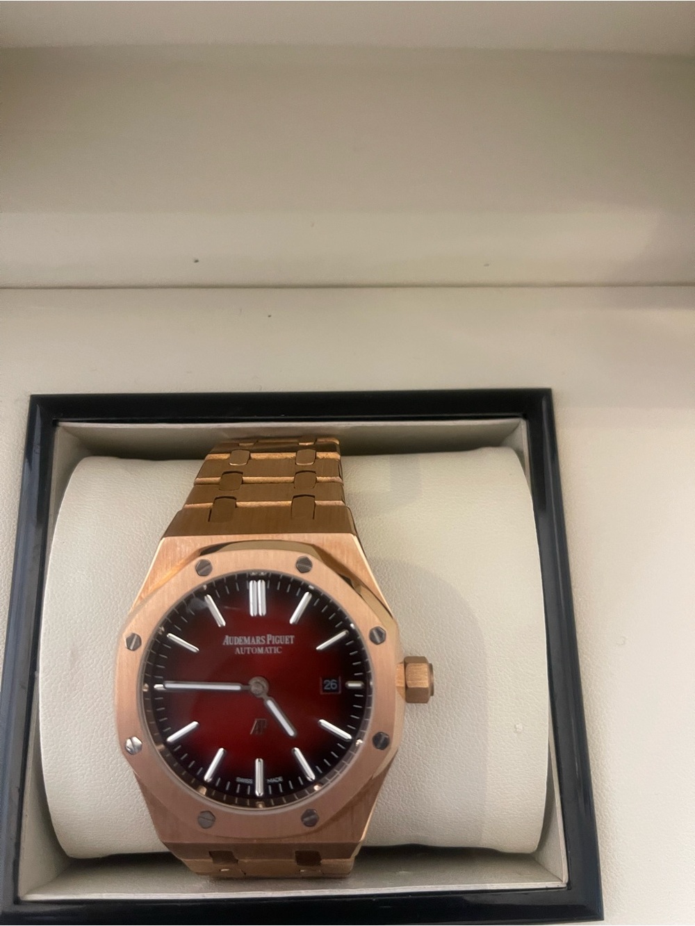 Audemars Piguet Rose Gold Watch with Burgundy Sunburst Dial